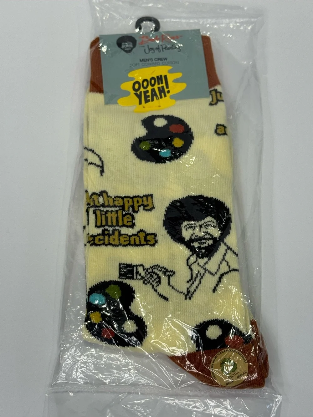 NEW Oooh Yeah! Bob Ross Happy Little Accidents Men's One Size Crew Socks